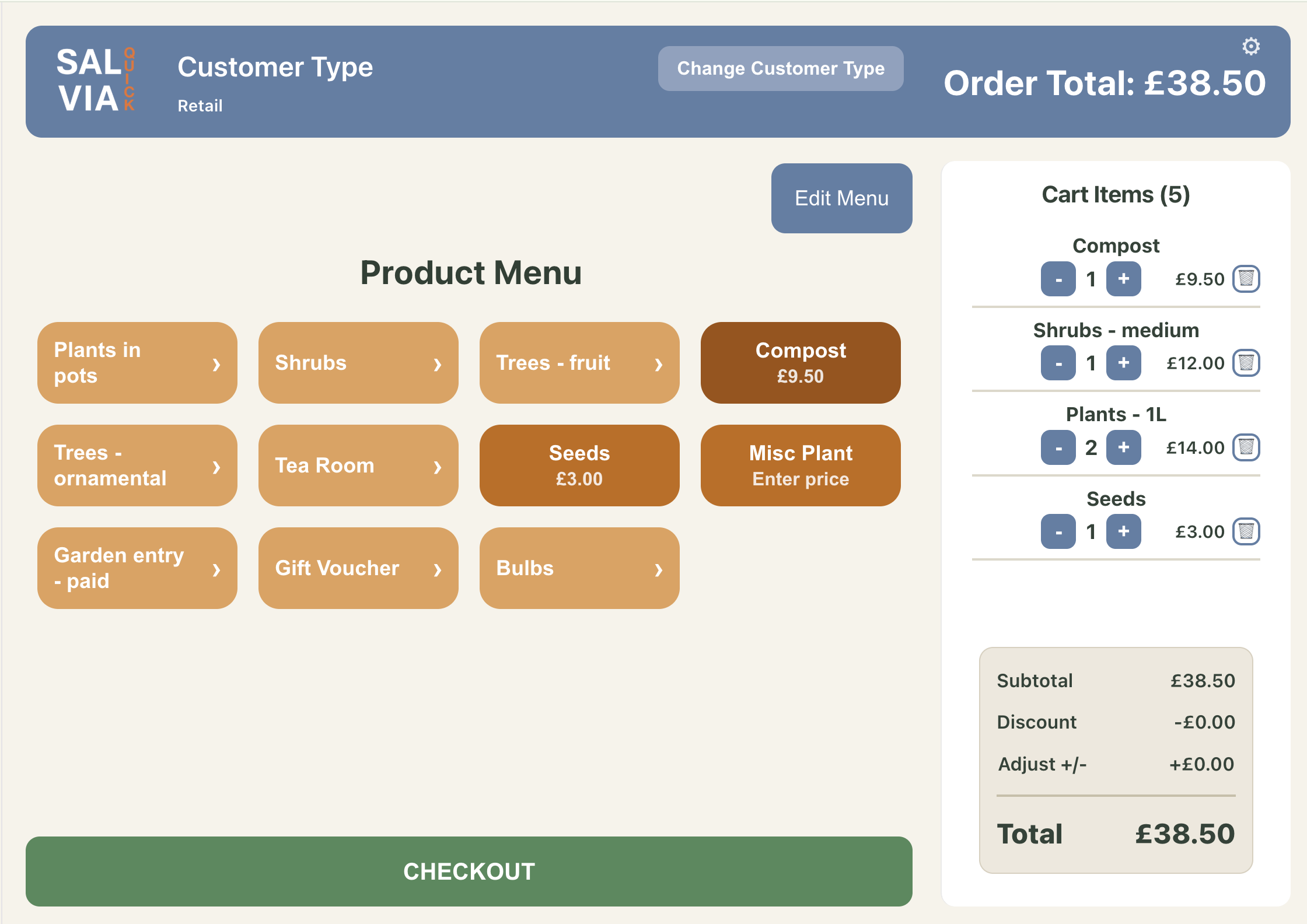 Salvia POS Quick main screen